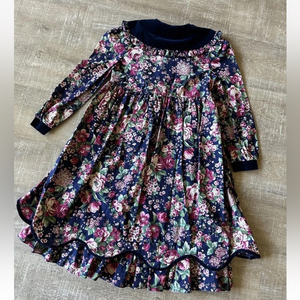 VTG Bonnie Jean New York Girls Sz 10 Floral Ruffle Long Dress Bow Velvet Tiered - Picture 5 of 12